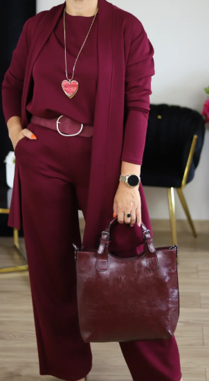 Elegant 3-piece set including a long cardigan, a top, and trousers