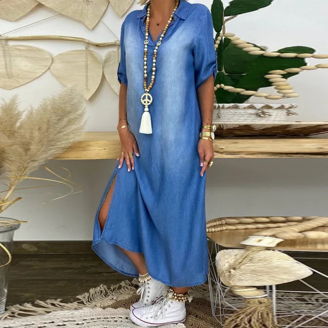 AVA | LONG DRESS IN JEANS LOOK WITH SPLIT