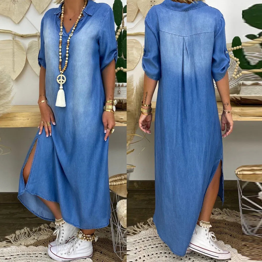 AVA | LONG DRESS IN JEANS LOOK WITH SPLIT