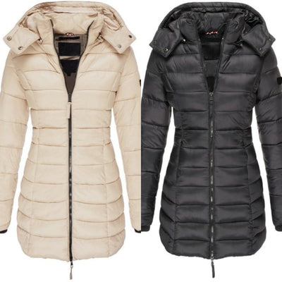 Winter women's mid-length padded jacket warm solid color hooded jacket