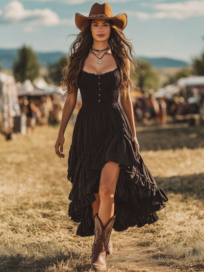 ELIANA | BLACK SLEEVELESS MAXI DRESS WITH RUFFLES AND PLEATED DETAILS