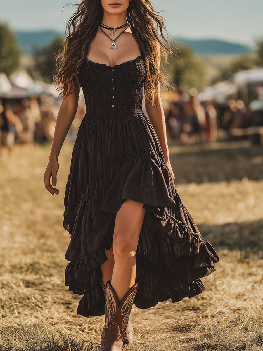 ELIANA | BLACK SLEEVELESS MAXI DRESS WITH RUFFLES AND PLEATED DETAILS