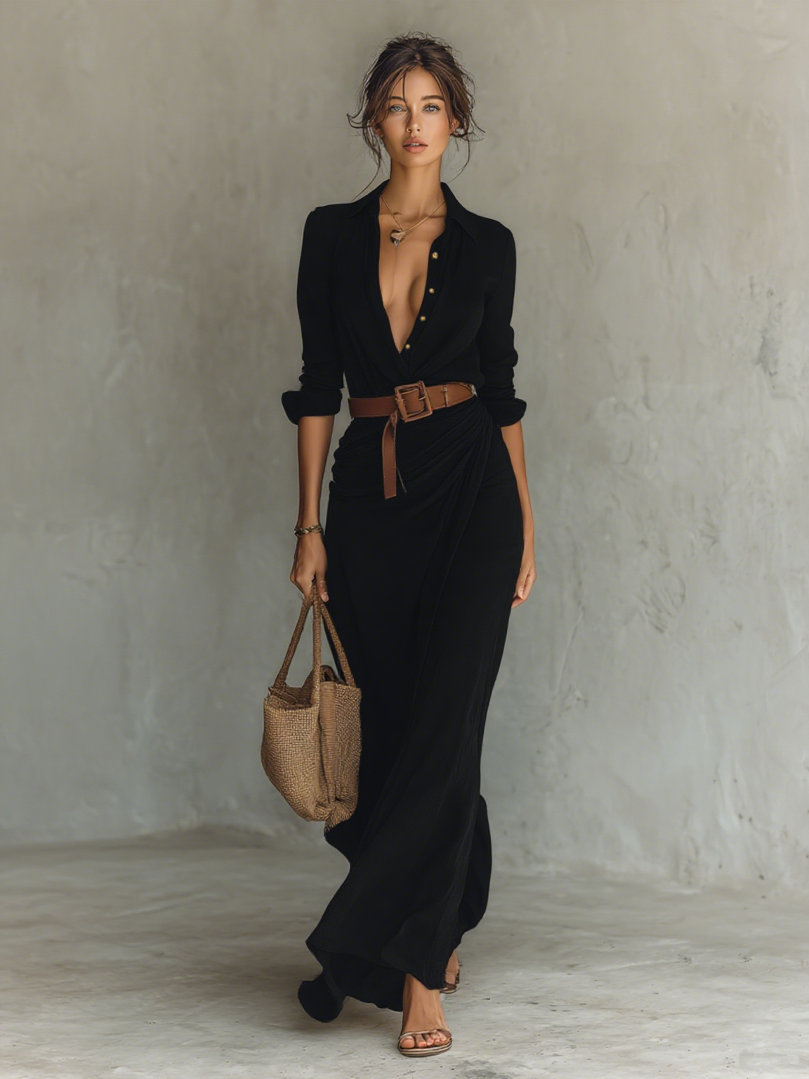 Nuria | Long Maxi Dress with Notched Collar