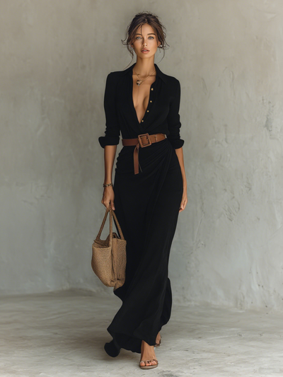 Nuria | Long Maxi Dress with Notched Collar