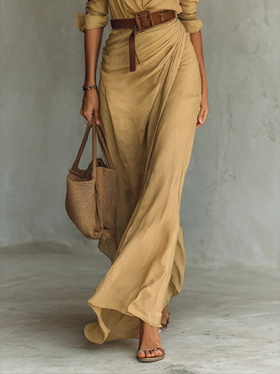 Long belted dress with long sleeves and lapels