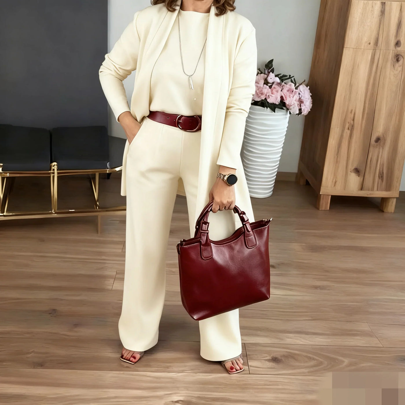 Elegant 3-piece set including a long cardigan, a top, and trousers