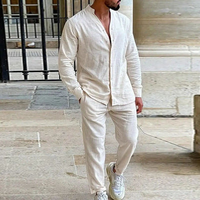 Men's Linen Outfit Shirt and Straight Pants Set