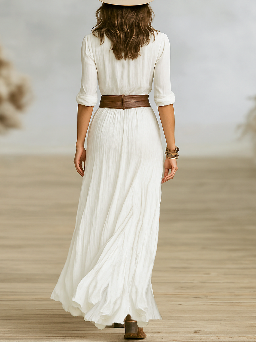 Carmen | Long Maxi Linen Dress with Notched Collar