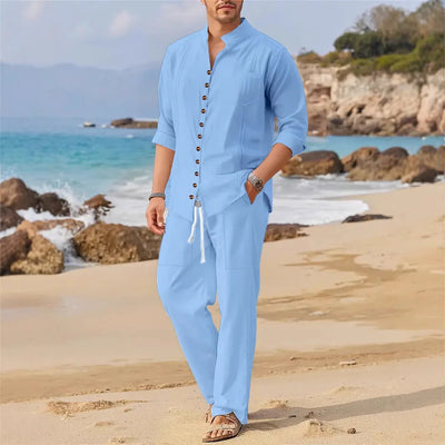 Men's Cotton Cuban Collar Shirt Long Sleeve Casual