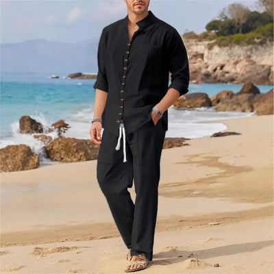 Men's Cotton Cuban Collar Shirt Long Sleeve Casual