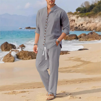 Men's Cotton Cuban Collar Shirt Long Sleeve Casual