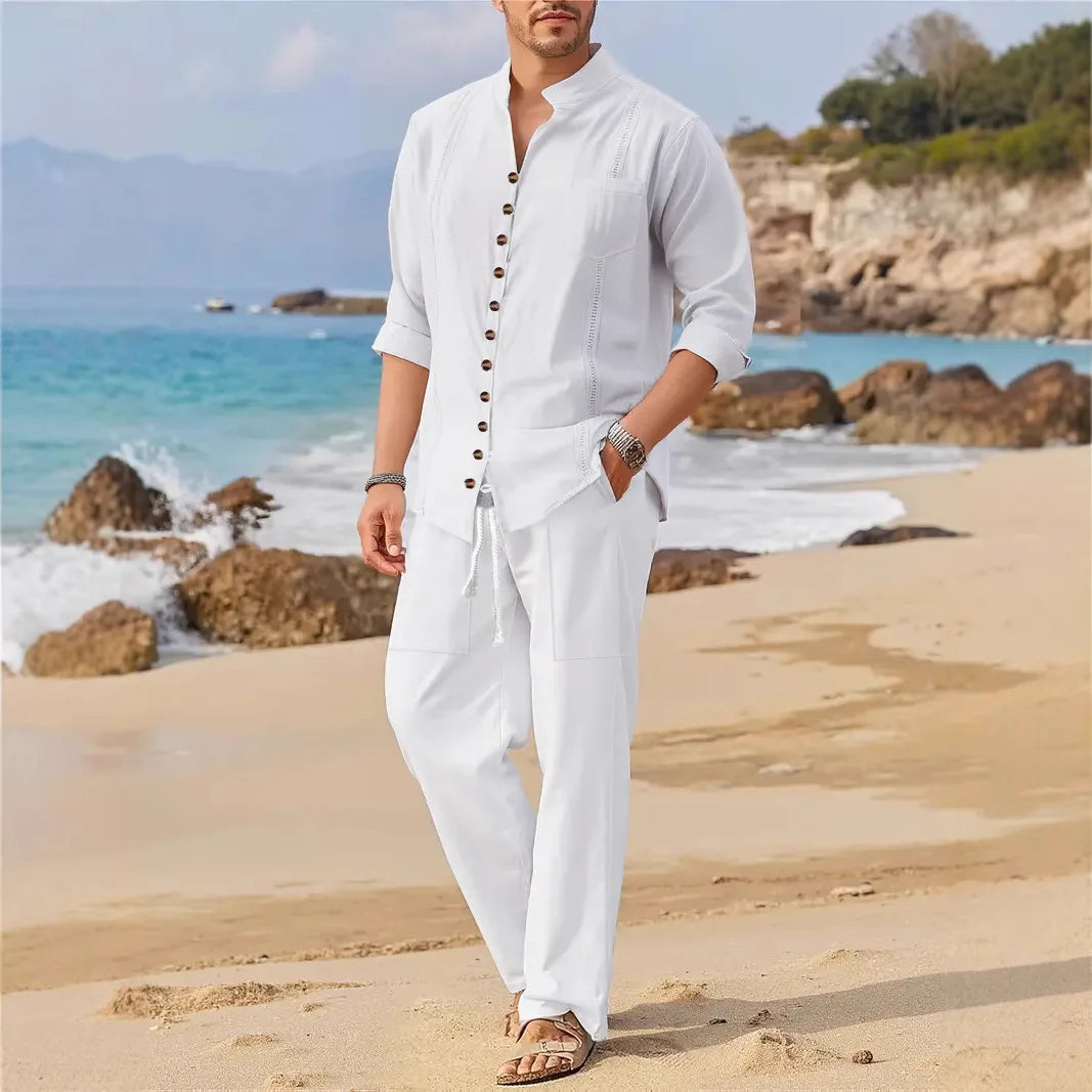 Men's Cotton Cuban Collar Shirt Long Sleeve Casual