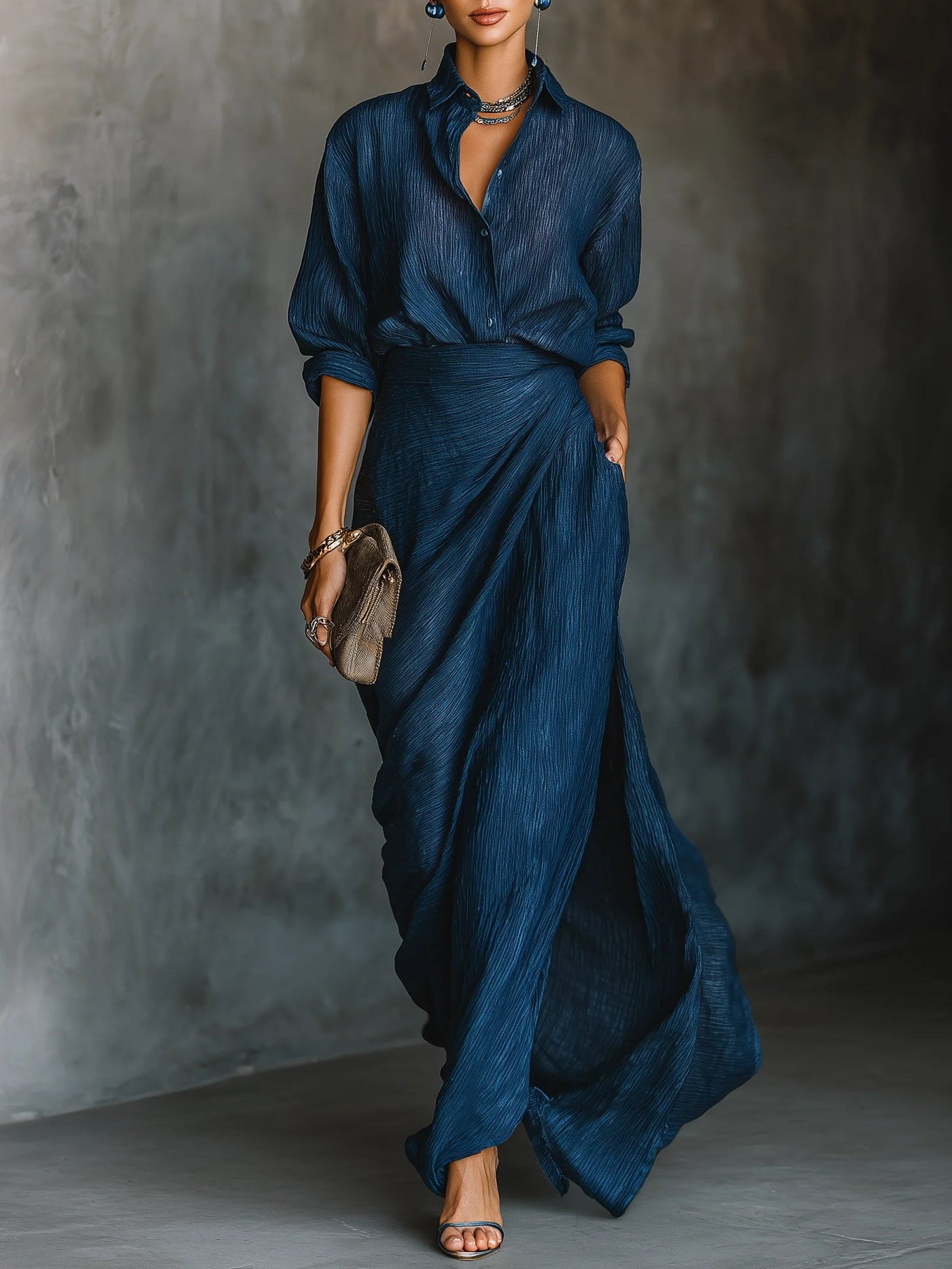 Valeria | Elegant long shirt and skirt set in dark blue cotton-linen blend