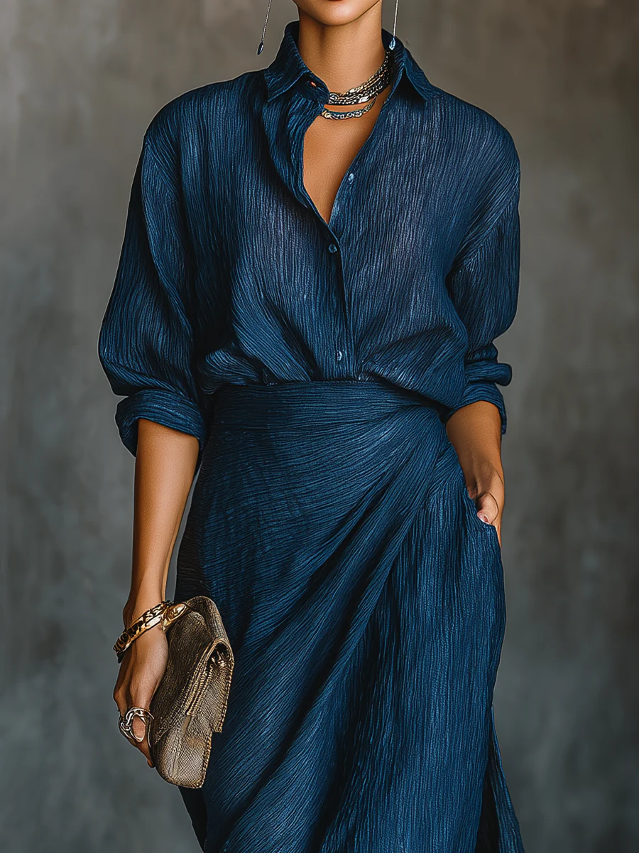Valeria | Elegant long shirt and skirt set in dark blue cotton-linen blend