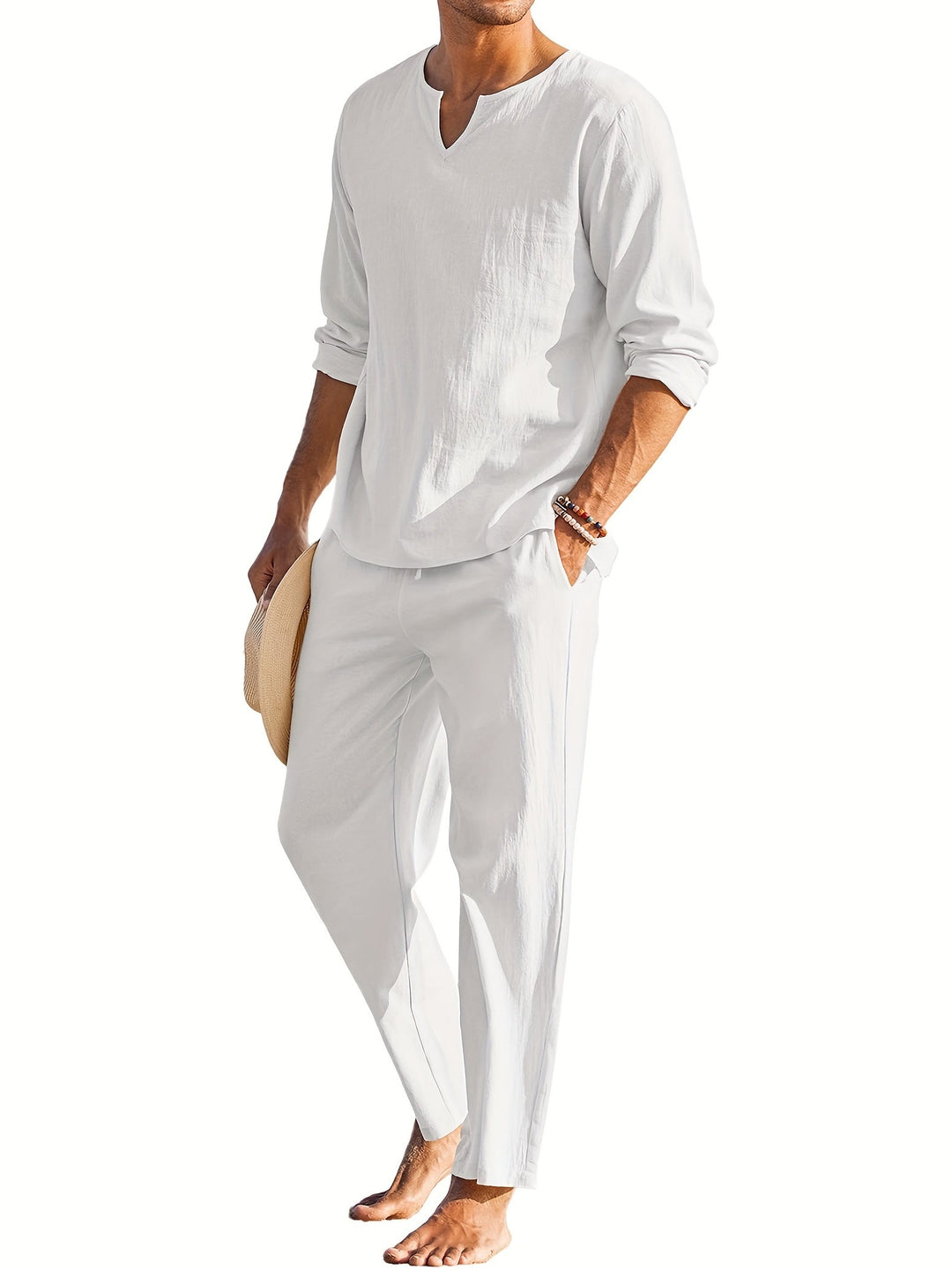 Men's Linen Blend 2-Piece Casual Set with Shirt and Pants
