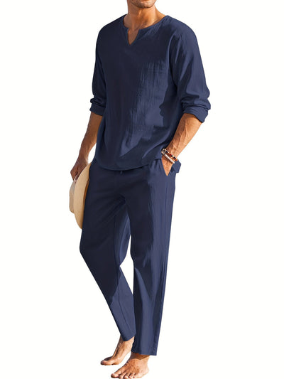 Men's Linen Blend 2-Piece Casual Set with Shirt and Pants