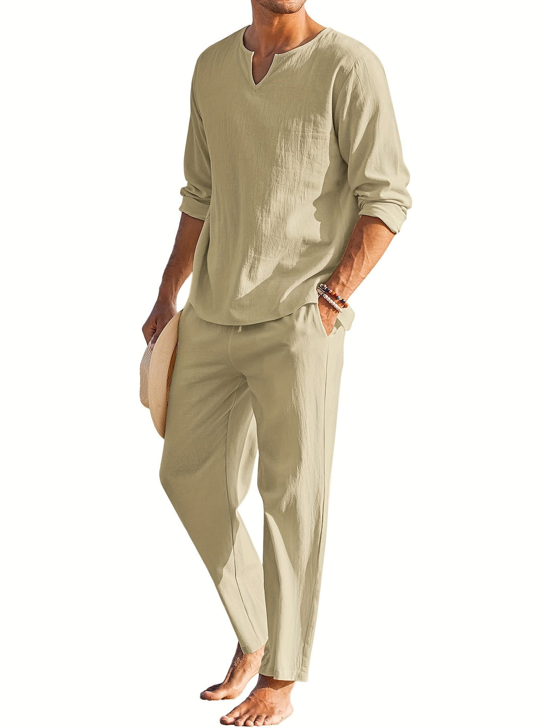 Men's Linen Blend 2-Piece Casual Set with Shirt and Pants