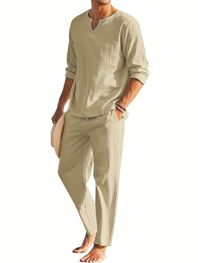Men's Linen Blend 2-Piece Casual Set with Shirt and Pants