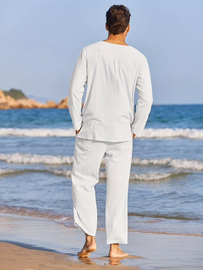 Men's Linen Blend 2-Piece Casual Set with Shirt and Pants