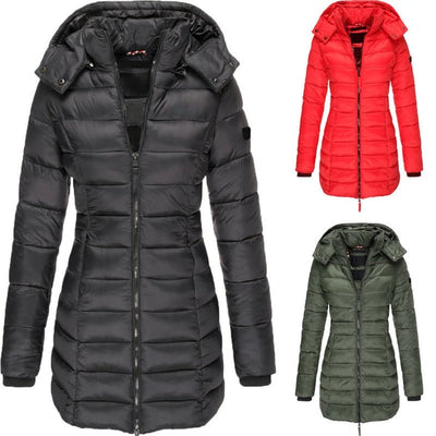 Winter women's mid-length padded jacket warm solid color hooded jacket