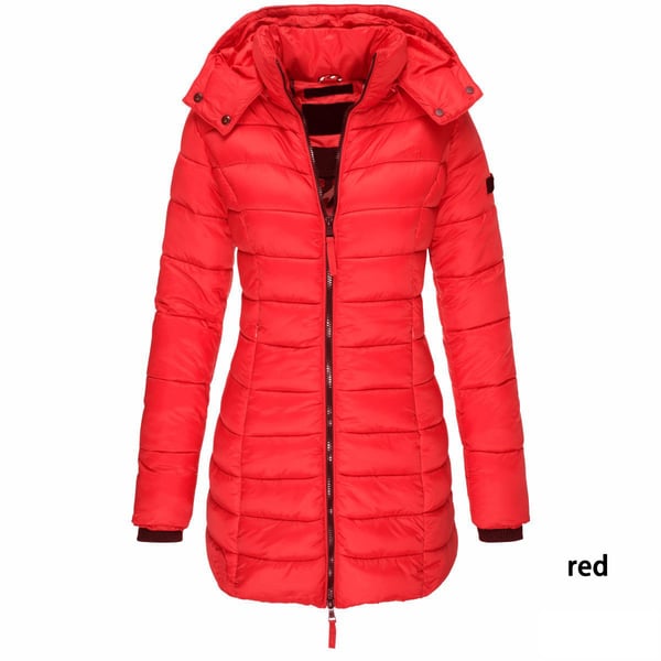 Winter women's mid-length padded jacket warm solid color hooded jacket