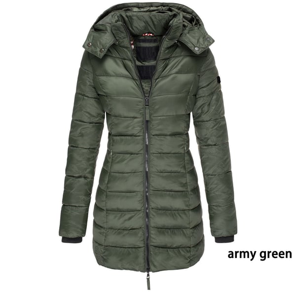 Winter women's mid-length padded jacket warm solid color hooded jacket