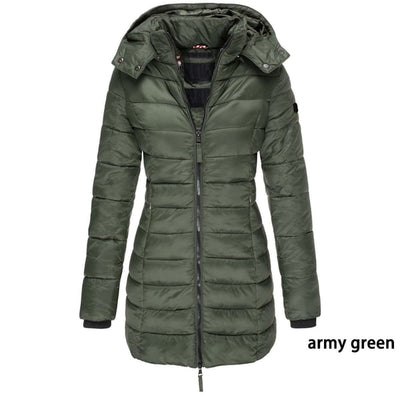 Winter women's mid-length padded jacket warm solid color hooded jacket