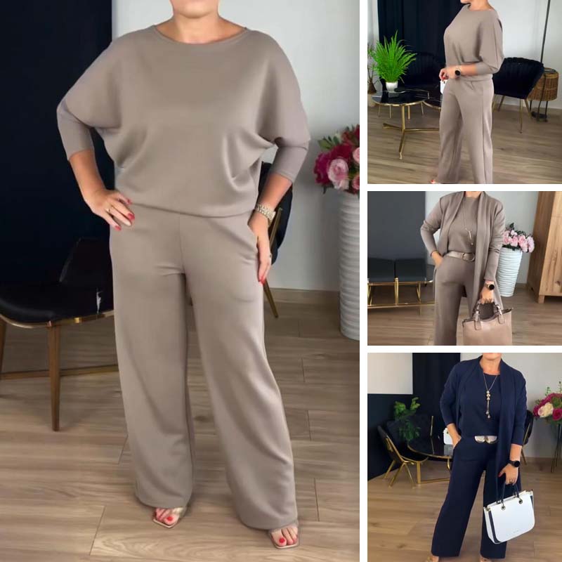Elegant 3-piece set including a long cardigan, a top, and trousers