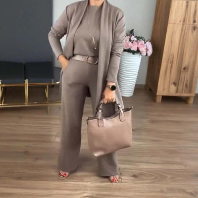 Elegant 3-piece set including a long cardigan, a top, and trousers