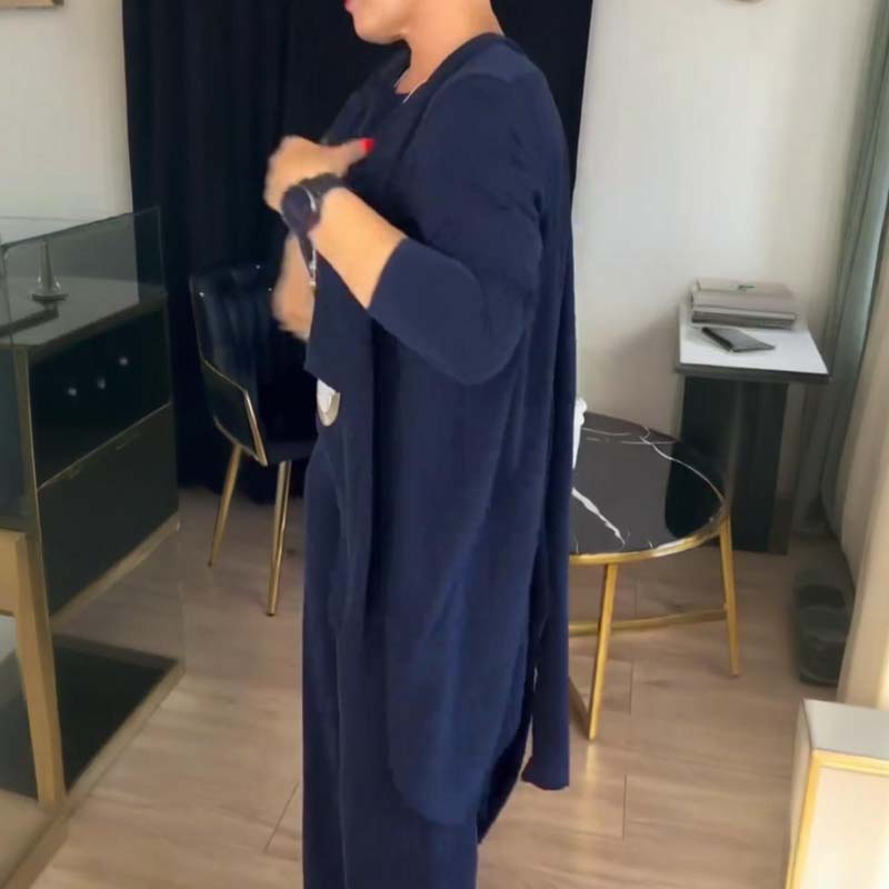 Elegant 3-piece set including a long cardigan, a top, and trousers