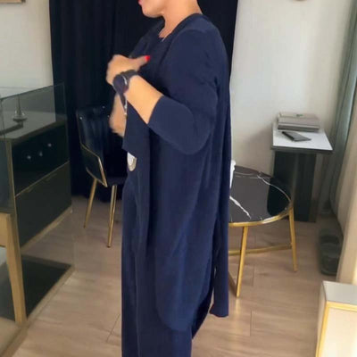 Elegant 3-piece set including a long cardigan, a top, and trousers